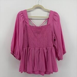 Ava & Viv Pink Smocked Peplum Square Neck 3/4 Sleeve Top Plus Size 1X‎